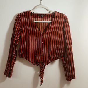 Button Down Striped Tie Front Long Sleeve